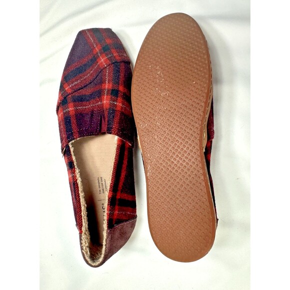TOMS ALPARGATA LEATHER WRAP BARN RED PLAID SHEARLING LINED SHOES W10 - Picture 4 of 9